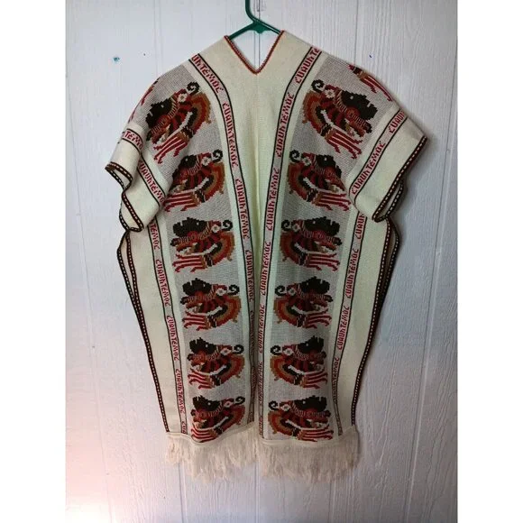 Vtg 1970s Knit Cuauhtemoc Poncho Cream One Size Tribal Boho Fringed Tie Front - Picture 5 of 7